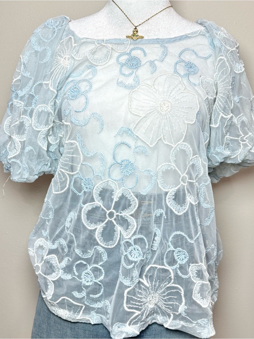 Light Blue Floral Mesh Puff-Sleeve Women's XL Sheer Cottagecore Fairy Top